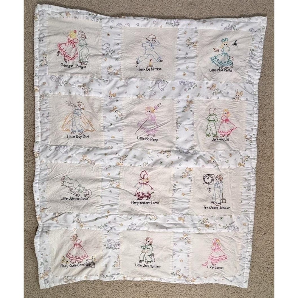 Adorable Vintage Crib Child Quilt NURSERY RHYMES 12 Hand Embroidered Squares